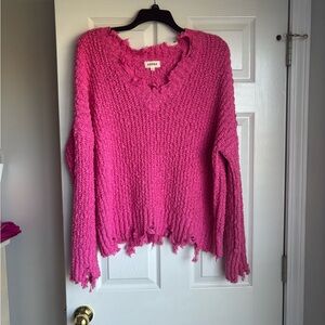 ADORA Hot Pink Distressed V-Neck Sweater
